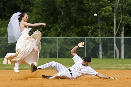 Model bride performing a double play